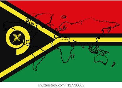 The flag of Vanuatu with the outline of the world