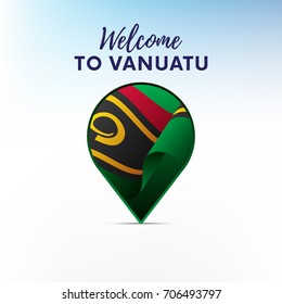 Flag of Vanuatu in shape of map pointer or marker. Welcome to Vanuatu. Vector illustration.