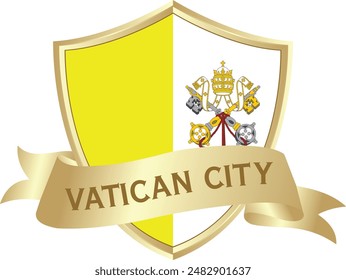 Flag of vatican city as around the metal gold shield with vatican city flag