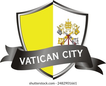 Flag of vatican city as around the metal silver shield with vatican city flag