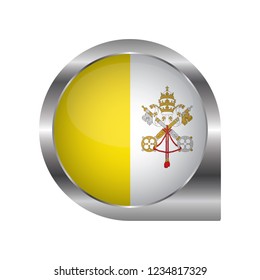 Flag of Vatican City, location map pin, pointer flag, button with the reflection of light and shadow, silver frame, Icon country. Realistic vector illustration on white background.