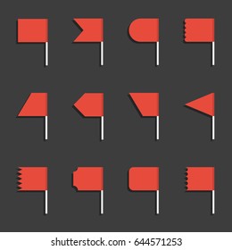 Flag vector icon set. Red flags different shapes icons.