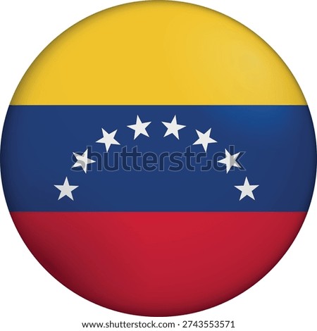 Flag of Venezuela. Glossy circular flag. Button appearance. 3D Icon Design with depth. Professional, tactile look. Perfect for representing national identity in digital interfaces and perfect for websites
