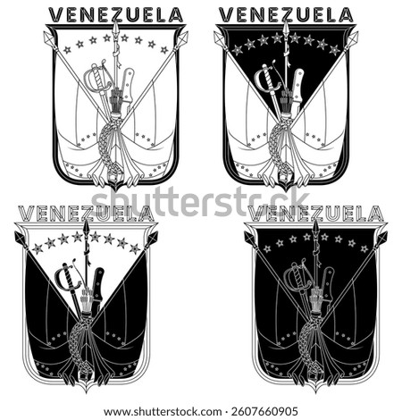 Flag of Venezuela with independence weapons, Venezuela independence symbol with sword, spear, machete, bow, arrow. Venezuela flags framed with a shield