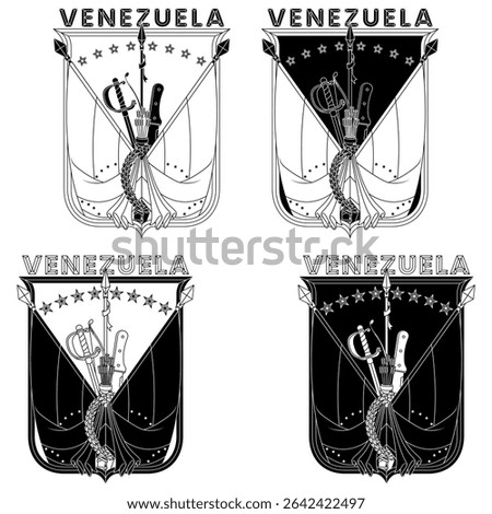 Flag of Venezuela with independence weapons, Venezuela independence symbol with sword, spear, machete, bow, arrow. Venezuela flags framed with a shield