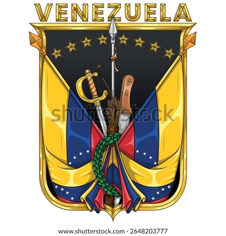 Flag of Venezuela with independence weapons, Venezuela independence symbol with sword, spear, machete, bow, arrow. Venezuela flags framed with a shield