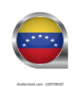 Flag of Venezuela, location map pin, pointer flag, button with the reflection of light and shadow, silver frame, Icon country. Realistic vector illustration on white background.