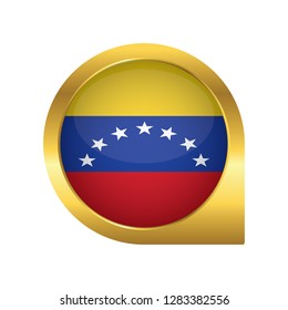 Flag of Venezuela, location map pin, pointer flag, button with the reflection of light and shadow, gold frame, Icon country. Realistic vector illustration on white background.