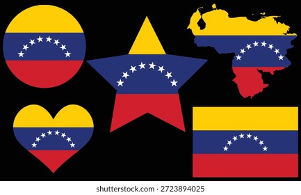 Bandeira da Venezuela designs de mapas de bandeira, vários estilos como forma do coração, forma de estrela e ilustração de arte vetorial PNG mapa