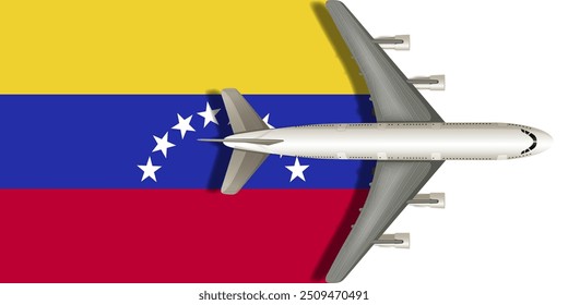 Fahne von Venezuela mit einem Flugzeug fliegt über sie Nahaufnahme. Vektorbild.