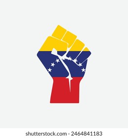 Flag of Venezuela in the shape of raised hand sign isolated on background. Fist symbol modern, simple, vector, icon for website design, mobile app, ui. Vector Illustration