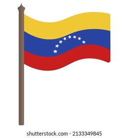 Bandera de Venezuela. Ilustración vectorial. El tricolor está decorado con ocho estrellas. República Bolivariana de Venezuela. El símbolo nacional del estado se desarrolla en el viento. Estilo plano. 