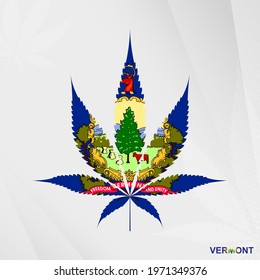 Flag of Vermont in Marijuana leaf shape. The concept of legalization Cannabis in Vermont. Medical cannabis illustration.