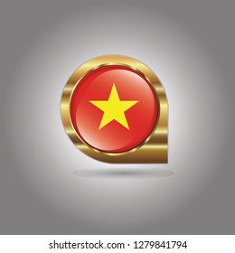 Flag of Vietnam, button with the reflection of light and shadow, gold frame, Icon country. Realistic vector illustration on gray background.