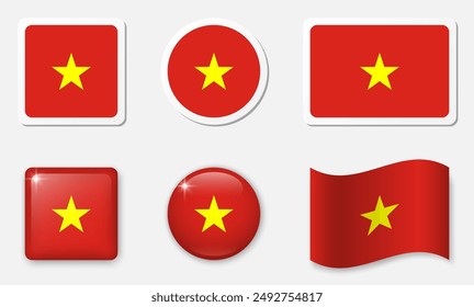 Flag of Vietnam icons collection. Stickers and 3d realistic elements, white background with shadow.