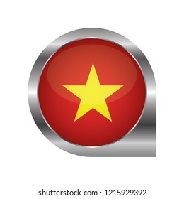 Flag of Vietnam, location map pin, pointer flag, button with the reflection of light and shadow, silver frame, Icon country. Realistic vector illustration on white background.