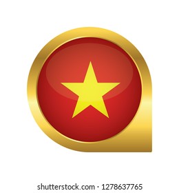 Flag of Vietnam, location map pin, pointer flag, button with the reflection of light and shadow, gold frame, Icon country. Realistic vector illustration on white background.