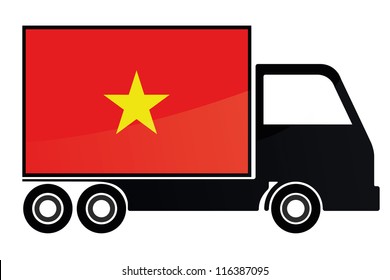 The flag of Vietnam painted on the side of the silhouette of a truck