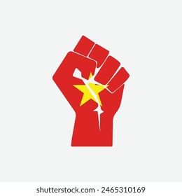 Flag of Vietnam in the shape of raised hand sign isolated on background. Fist symbol modern, simple, vector, icon for website design, mobile app, ui. Vector Illustration