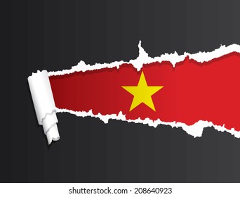 Flag of Vietnam under ripped paper vector illustration.