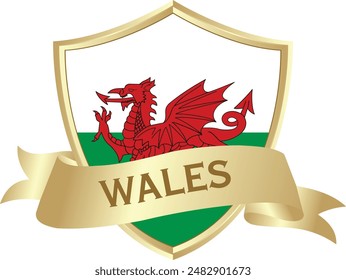 Flag of wales as around the metal gold shield with wales flag