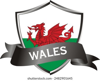 Flag of wales as around the metal silver shield with wales flag