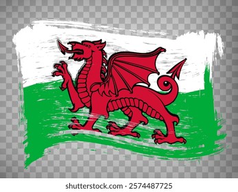 Flag of Wales from brush strokes. United Kingdom.  Waving Flag Wales on transparent background for your web site design,  app, UI. Stock vector.  EPS10.