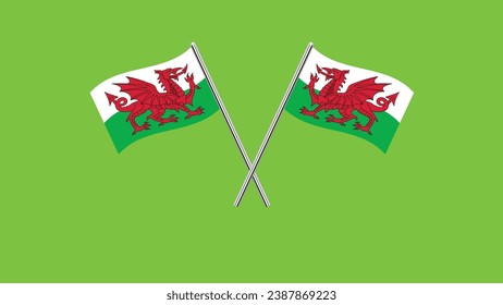 Flag of Wales, Wales cross flag design. Design element for poster, card, background. Vector Illustration of crossed Wales flags. Wales cross flag isolated on Green background.