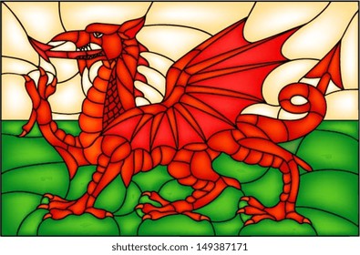 Flag of Wales with Dragon, UK, vector illustration in stained glass window style