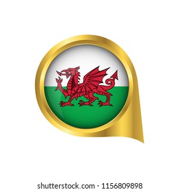 Flag of Wales, location map pin, pointer flag Wales, button gold, Icon country . Vector Illustration EPS10.