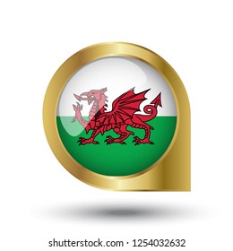 Flag of Wales, location map pin, pointer flag, button with the reflection of light and shadow, gold frame, Icon country. Realistic vector illustration on white background.