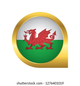 Flag of Wales, location map pin, pointer flag, button with the reflection of light and shadow, gold frame, Icon country. Realistic vector illustration on white background.