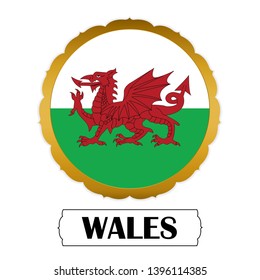 Flag of Wales with name icon, Golden sticker with flag of the Wales.vector