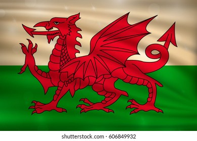 flag of Wales on wavy silk background with bokeh lights. Realistic vector illustration.
