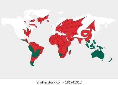 The flag of Wales in the outline of the world