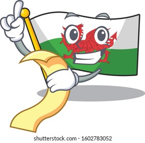 Flag wales Scroll cartoon character holding menu ready to serve