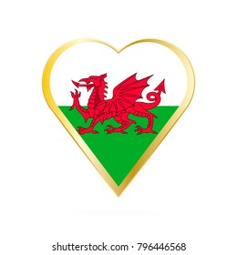 Flag of Wales in the shape of Heart, symbol of Love Gold version.