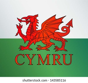 Flag of Wales (UK) with text: CYMRU - Red dragon on the white and green flag, vector illustration