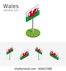 Flag of Wales (United Kingdom), vector set of isometric flat icons, 3D style, different views. Editable design elements for banner, website, presentation, infographic, poster, map, collage. Eps 10