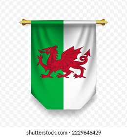 Flag of Wales. Vector illustration of a vertical hanging flag on a transparent background (PNG).