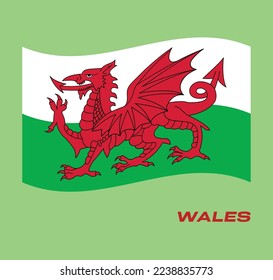 Flag of Wales, Waving National flag of Wales, National flag of Wales vector illustration.
