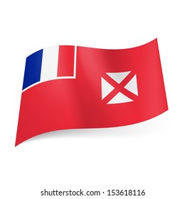 Flag of Wallis and Futuna: French flag and white square with diagonal cross on red background. 