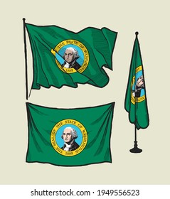 Flag of Washington on the wind and on the wall hand drawn vector illustration set