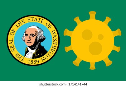 Flag of Washington State With Outbreak Viruses Background of USA State flag. Novel Coronavirus Disease COVID-19. Coronavirus Infection And The Epidemic In America. USA Lockdown.