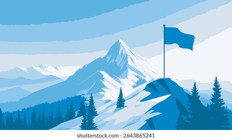 Flag waves atop mountain peak amidst winter scenic backdrop