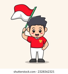 flag waving cartoon.
flat character vector.
Indonesian Independence day