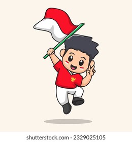 flag waving cartoon.
flat character vector.
Indonesian Independence day