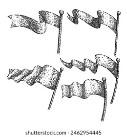 bandera ondeando conjunto dibujado a mano. símbolo de polo, banderín de maqueta, forma bandera aislada ondeando boceto de Vector. ilustración aislada negra