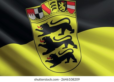 Bandeira de Baden-Württemberg balançando ao vento, textura de seda detalhada e realista. Estado da Alemanha