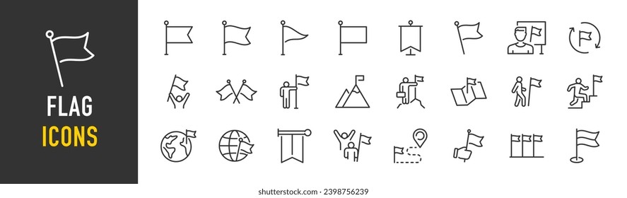 Flag web icons in line style. Winner, location, pin, collection. Vector illustration.